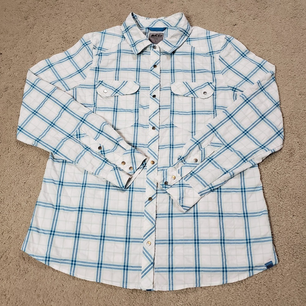 Rei Shirt Women L Large Plaid Button Up Snap Long Sleeve Roll Tap Nylon Fishing
